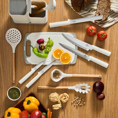 Karaca Massimo 12-Piece Knife Block Set, Chopping Board and Kitchen Utensil Set, Cream