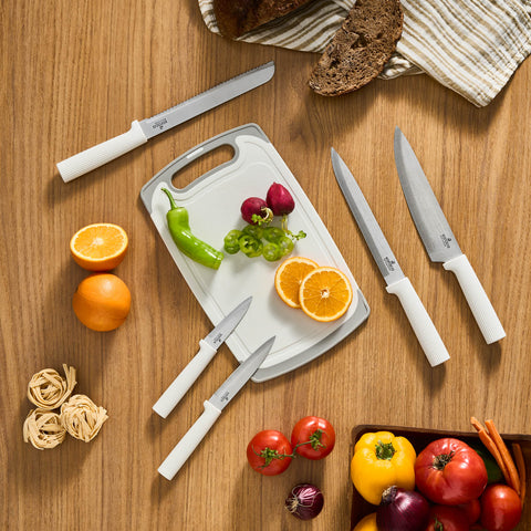 Karaca Massimo 12-Piece Knife Block Set, Chopping Board and Kitchen Utensil Set, Cream