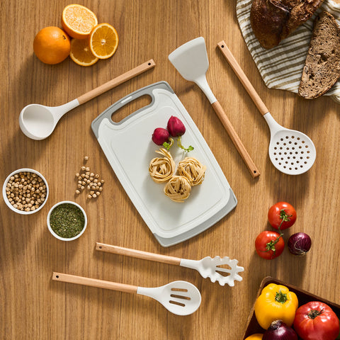 Karaca Massimo 12-Piece Knife Block Set, Chopping Board and Kitchen Utensil Set, Cream