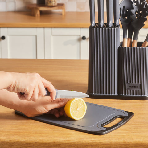 Karaca Massimo 12-Piece Knife Block Set, Chopping Board and Kitchen Utensil Set, Anthracite