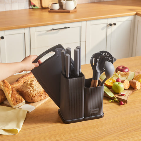 Karaca Massimo 12-Piece Knife Block Set, Chopping Board and Kitchen Utensil Set, Anthracite