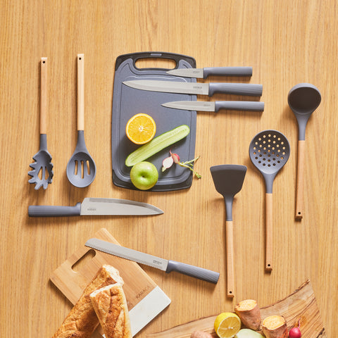 Karaca Massimo 12-Piece Knife Block Set, Chopping Board and Kitchen Utensil Set, Anthracite