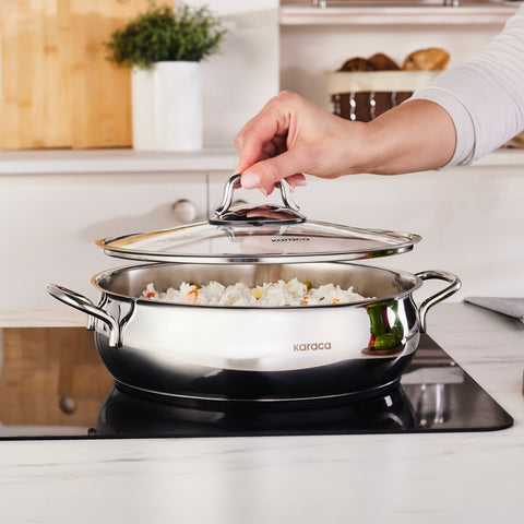 Karaca Emirgan Stainless Steel Shallow Casserole with Lid, 30cm, Silver