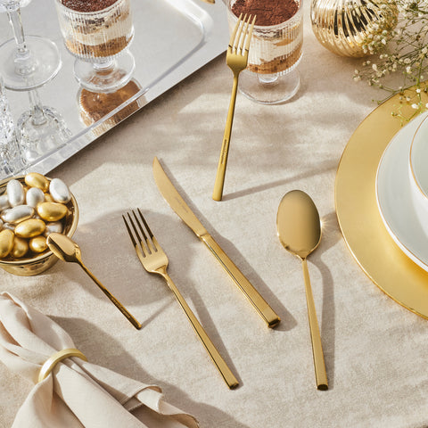 Karaca Tivoli 30-Piece Stainless Steel Cutlery Set for 6 People, Shiny Gold