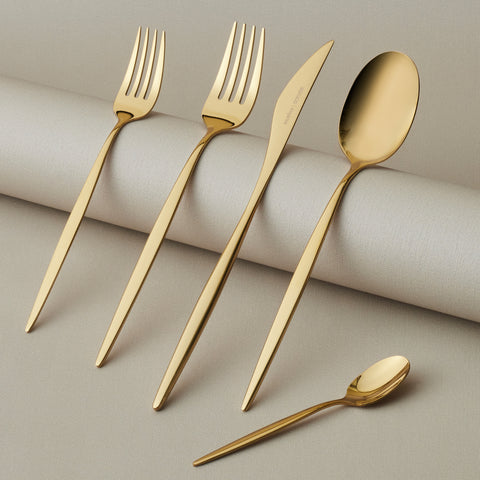 Karaca Lizbon 30-Piece Stainless Steel Cutlery Set for 6 People, Shiny Gold