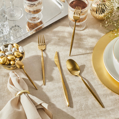 Karaca Lizbon 30-Piece Stainless Steel Cutlery Set for 6 People, Matte Gold