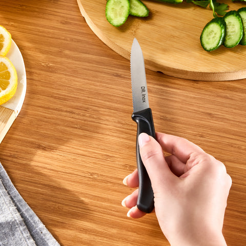 Dr.Inox Serrated Stainless Steel Utility Knife, 21cm, Black