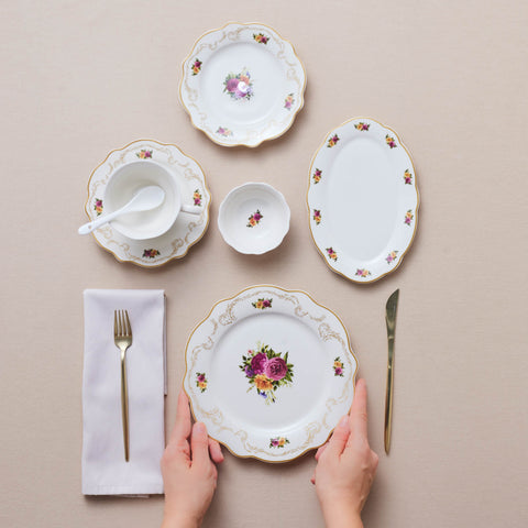 Karaca Forever Bone China Antique 26-Piece Serveware Set for 6 People, Gold