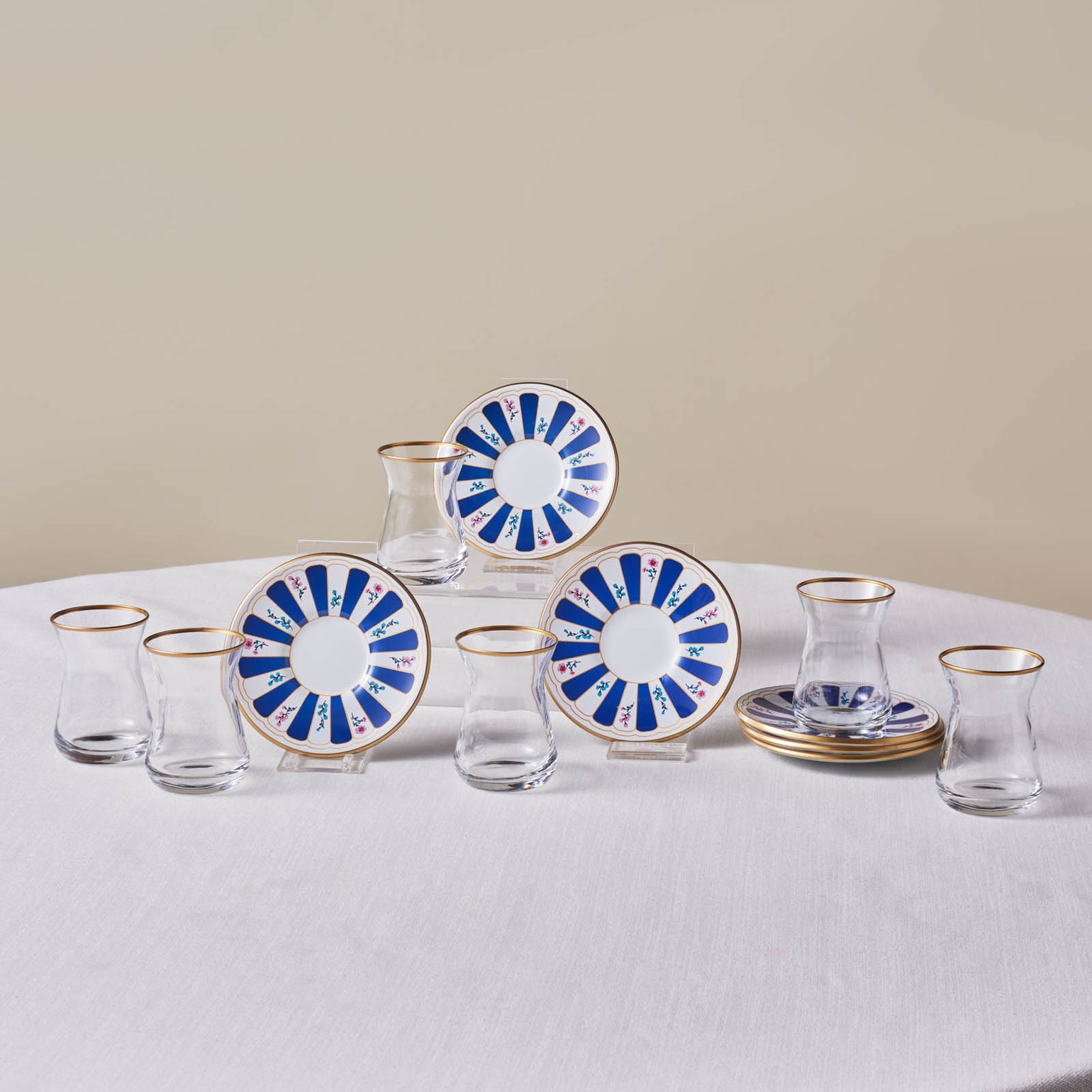 Karaca Bursa 12-Piece Glass Turkish Tea Set for 6 People, 132ml, Navy