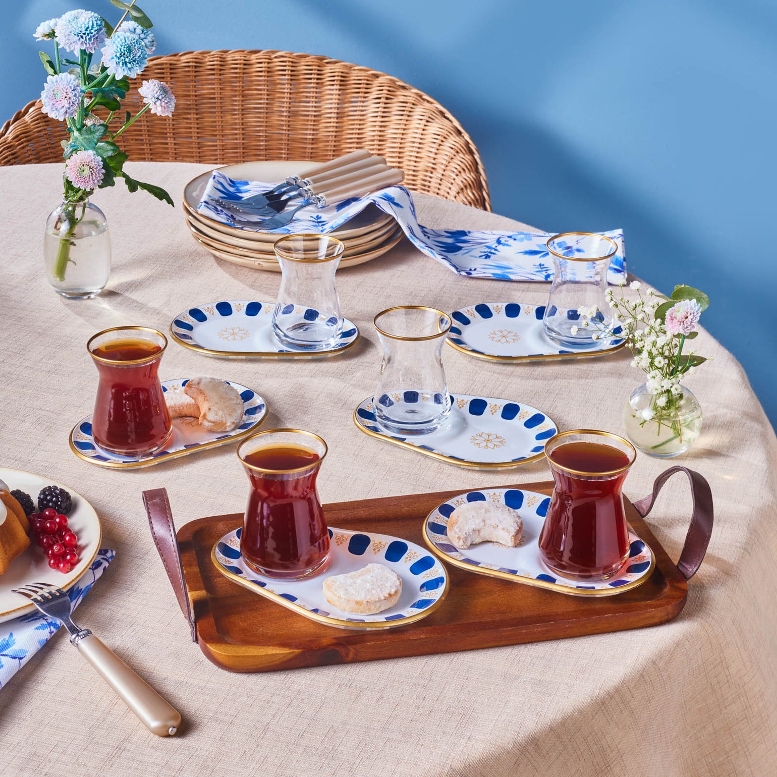 Karaca Belem 12-Piece Glass Turkish Tea Set for 6 People, 132ml, Navy