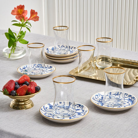 Karaca Mare 12-Piece Glass Turkish Tea Set for 6 People, 170ml, Clear