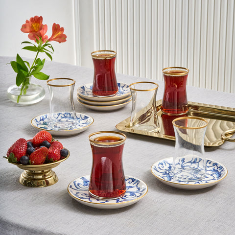 Karaca Mare 12-Piece Glass Turkish Tea Set for 6 People, 170ml, Clear