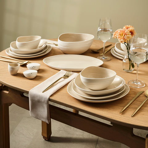 Karaca Earth Collection Rise Stoneware 55-Piece Dinner Set for 12 People, Cream