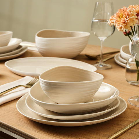 Karaca Earth Collection Rise Stoneware 55-Piece Dinner Set for 12 People, Cream