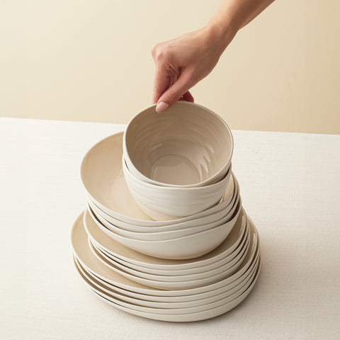 Karaca Earth Collection Rise Stoneware 55-Piece Dinner Set for 12 People, Cream