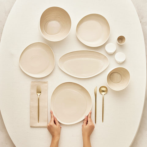 Karaca Earth Collection Rise Stoneware 55-Piece Dinner Set for 12 People, Cream