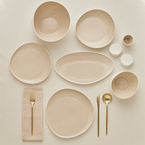 Karaca Earth Collection Rise Stoneware 55-Piece Dinner Set for 12 People, Cream