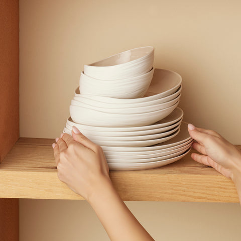 Karaca Earth Collection Rise Stoneware 55-Piece Dinner Set for 12 People, Cream