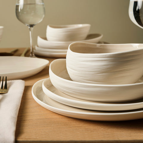 Karaca Earth Collection Rise Stoneware 55-Piece Dinner Set for 12 People, Cream