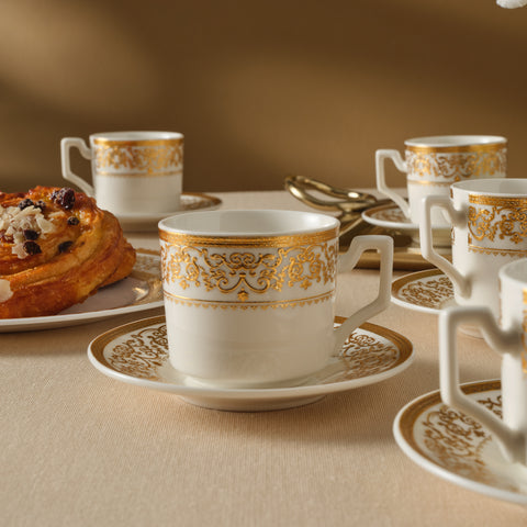 Karaca Nur 12-Piece Porcelain Espresso Turkish Coffee Cup Set for 6 People, 100ml, Gold