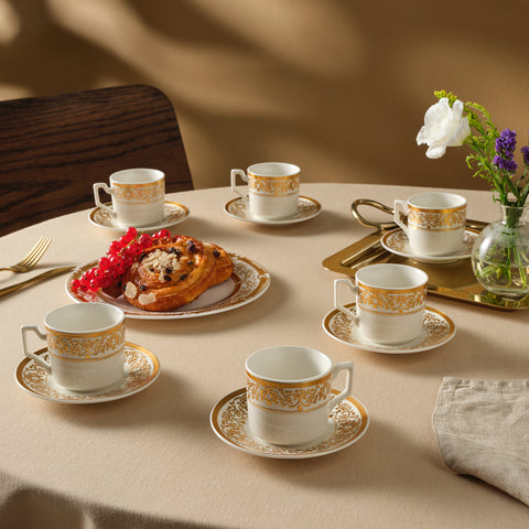 Karaca Nur 12-Piece Porcelain Espresso Turkish Coffee Cup Set for 6 People, 100ml, Gold