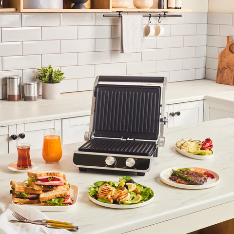 Karaca Nova Grill 6-Slice Capacity Stainless Steel Contact Grill and Sandwich Toaster with Timer, 2000W, Inox