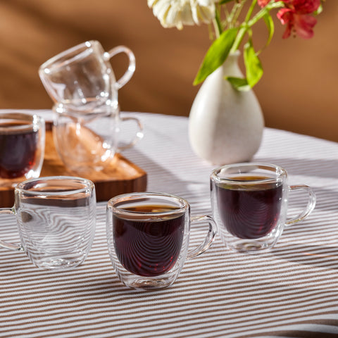 Karaca Olivier 6-Piece Double Wall Glass Espresso Turkish Coffee Cup Set for 6 People, 80ml, Clear