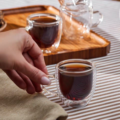 Karaca Olivier 6-Piece Double Wall Glass Espresso Turkish Coffee Cup Set for 6 People, 80ml, Clear