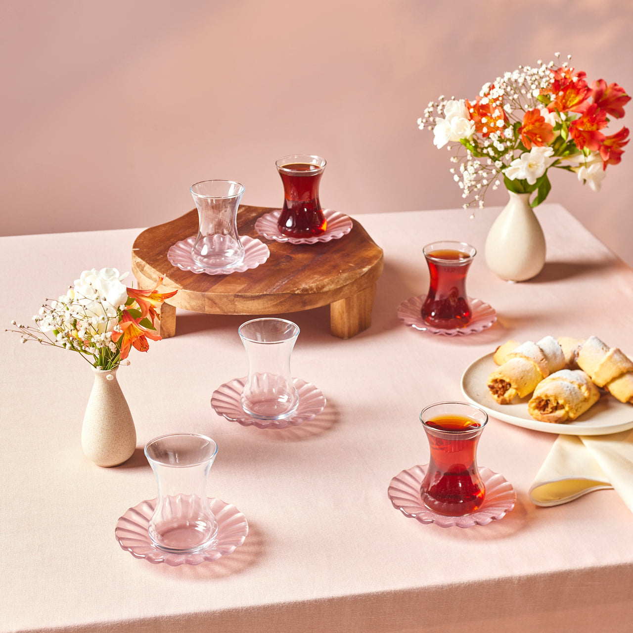 Karaca Luna 12-Piece Turkish Tea Set for 6 People, 130ml, Light Pink