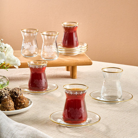 Karaca Gent 12-Piece Turkish Tea Set for 6 People, 132ml, Gold