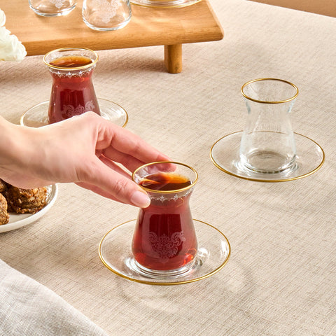 Karaca Gent 12-Piece Turkish Tea Set for 6 People, 132ml, Gold