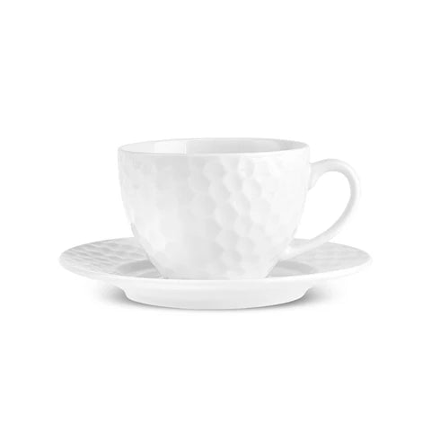 Karaca Nora Embossed 12-Piece Bone China Tea Cup and Saucer Set for 6 People, 220ml, White