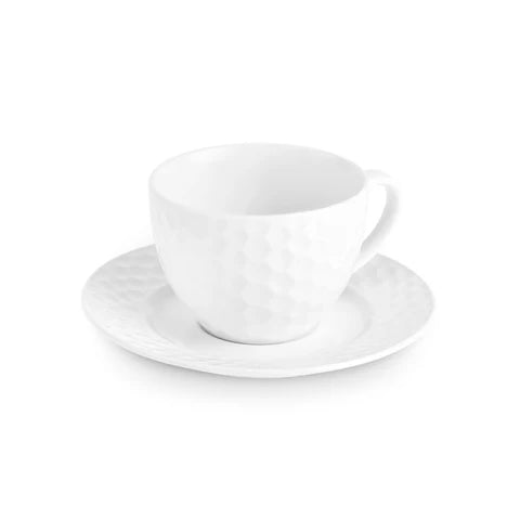 Karaca Nora Embossed 12-Piece Bone China Tea Cup and Saucer Set for 6 People, 220ml, White