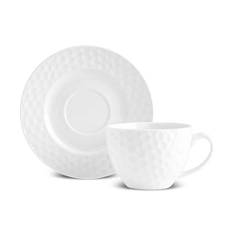 Karaca Nora Embossed 12-Piece Bone China Tea Cup and Saucer Set for 6 People, 220ml, White