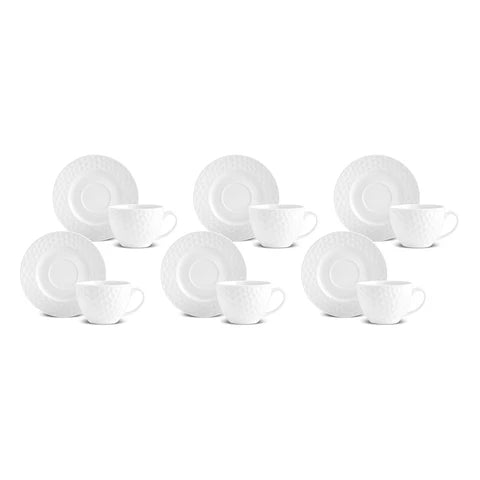 Karaca Nora Embossed 12-Piece Bone China Tea Cup and Saucer Set for 6 People, 220ml, White
