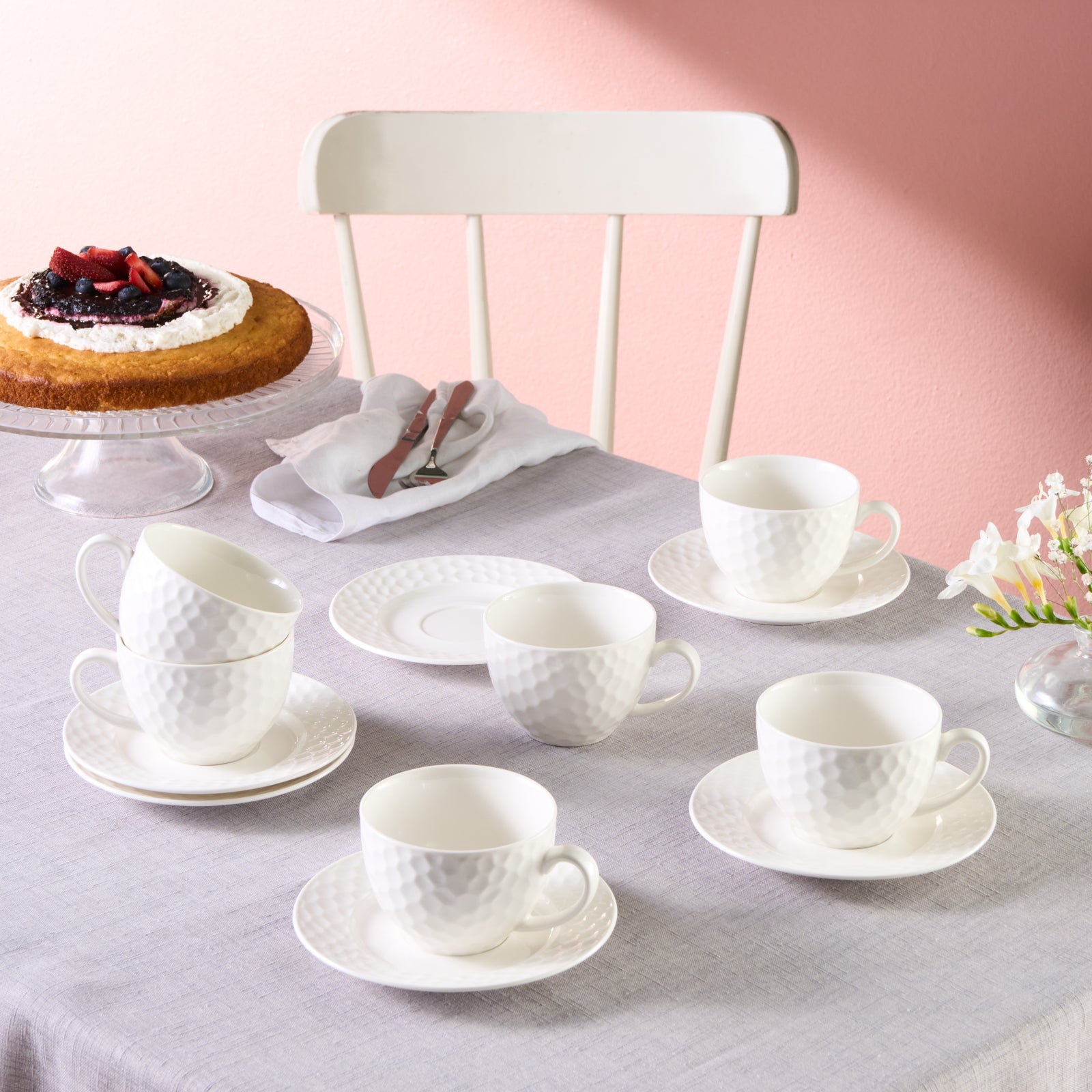 Karaca Nora Embossed 12-Piece Bone China Tea Cup and Saucer Set for 6