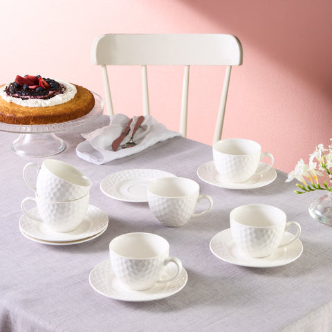 Karaca Nora Embossed 12-Piece Bone China Tea Cup and Saucer Set for 6 People, 220ml, White