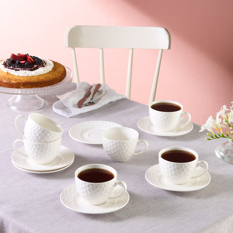 Karaca Nora Embossed 12-Piece Bone China Tea Cup and Saucer Set for 6 People, 220ml, White