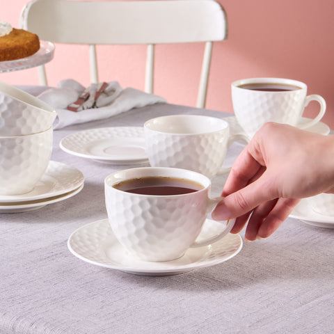 Karaca Nora Embossed 12-Piece Bone China Tea Cup and Saucer Set for 6 People, 220ml, White