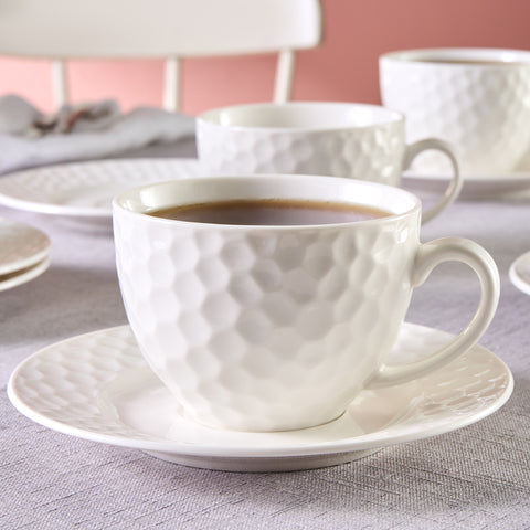 Karaca Nora Embossed 12-Piece Bone China Tea Cup and Saucer Set for 6 People, 220ml, White