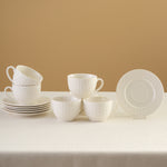 Karaca Nora Embossed 12-Piece Bone China Tea Cup and Saucer Set for 6 People, 220ml, White
