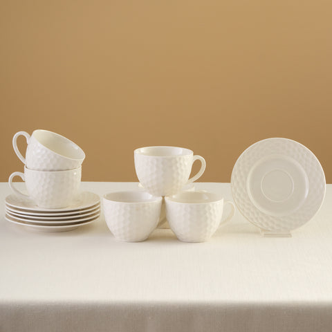 Karaca Nora Embossed 12-Piece Bone China Tea Cup and Saucer Set for 6 People, 220ml, White