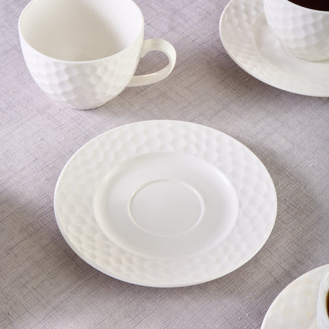 Karaca Nora Embossed 12-Piece Bone China Tea Cup and Saucer Set for 6 People, 220ml, White