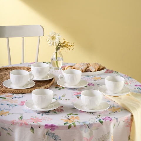 Karaca Anna Embossed 12-Piece Bone China Tea Cup and Saucer Set for 6 People, 220ml, White