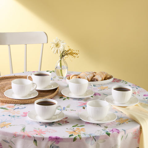 Karaca Anna Embossed 12-Piece Bone China Tea Cup and Saucer Set for 6 People, 220ml, White