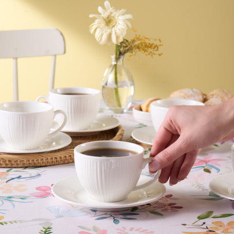 Karaca Anna Embossed 12-Piece Bone China Tea Cup and Saucer Set for 6 People, 220ml, White