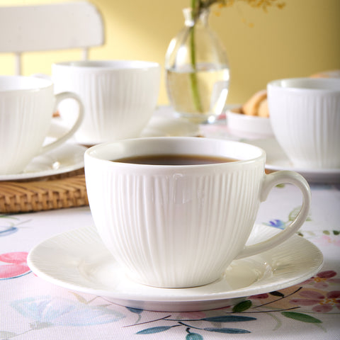 Karaca Anna Embossed 12-Piece Bone China Tea Cup and Saucer Set for 6 People, 220ml, White