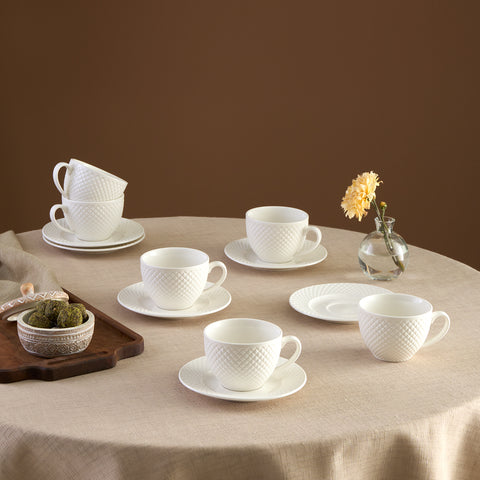 Karaca Nina Embossed 12-Piece Bone China Tea Cup and Saucer Set for 6 People, 220ml, White