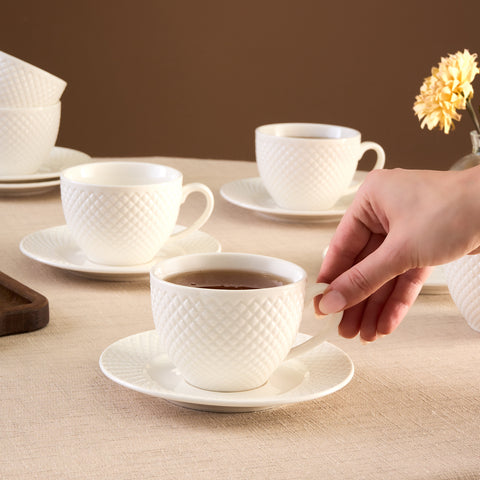 Karaca Nina Embossed 12-Piece Bone China Tea Cup and Saucer Set for 6 People, 220ml, White