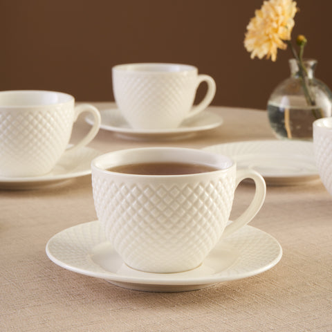 Karaca Nina Embossed 12-Piece Bone China Tea Cup and Saucer Set for 6 People, 220ml, White